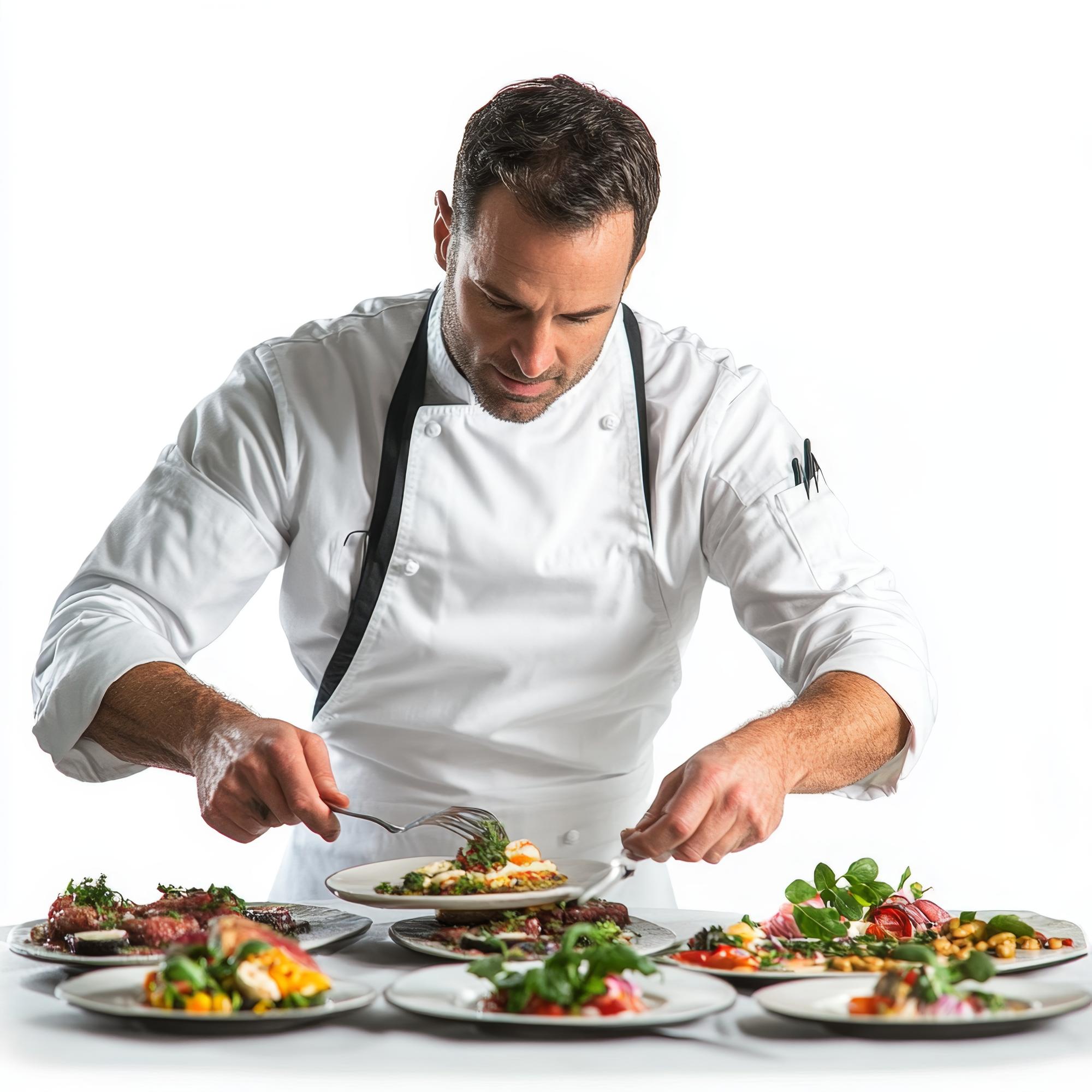 Instructor plating a modern dish in a bustling kitchen